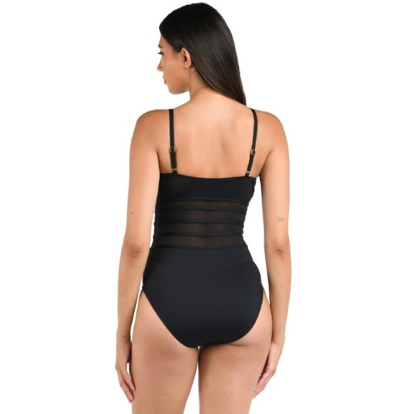 NWT La Blanca Island Goddess Over the Shoulder Mesh One Piece in Black Size 12 - Picture 2 of 6